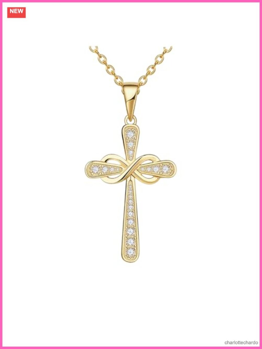 Stainless Steel Cubic Zirconia Cross Pendant Necklace 16+2" Adjustable Chain